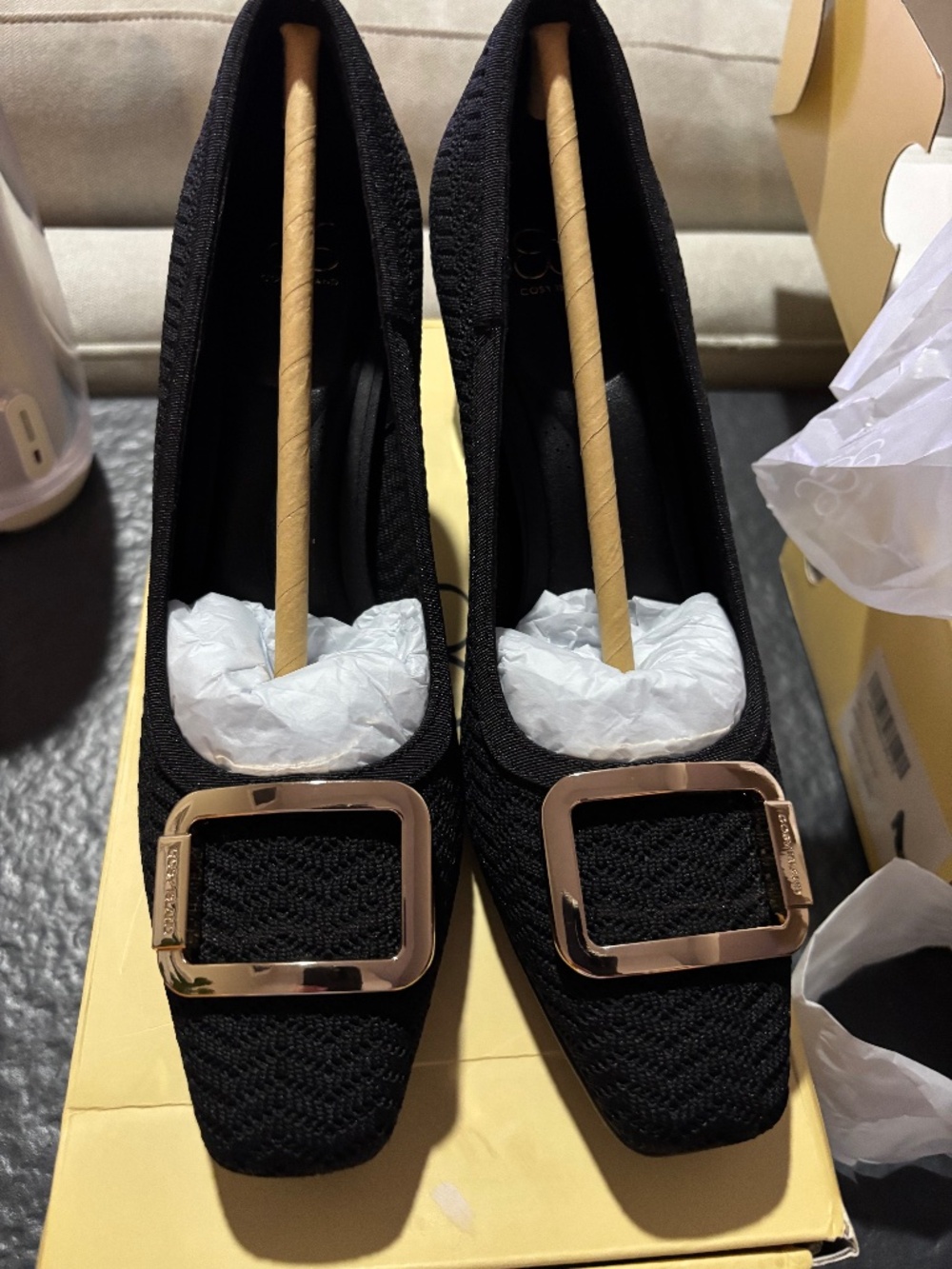 Women’s Black Knit Pointed-Toe Flats with Gold Buckle
